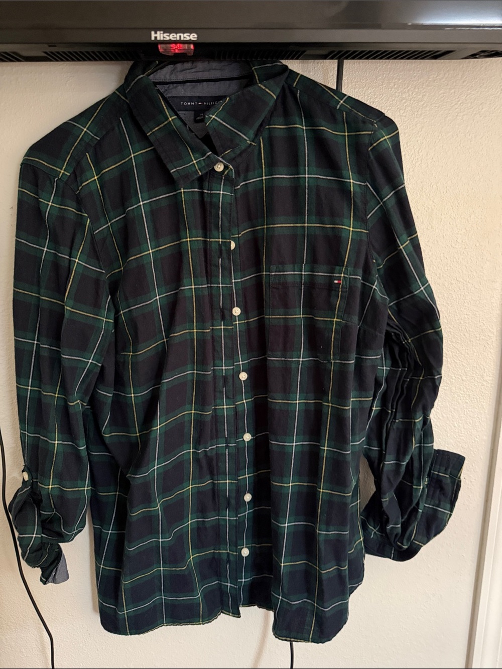 Tommy Hilfiger Men’s Black and Green Plaid Button-Down Shirt